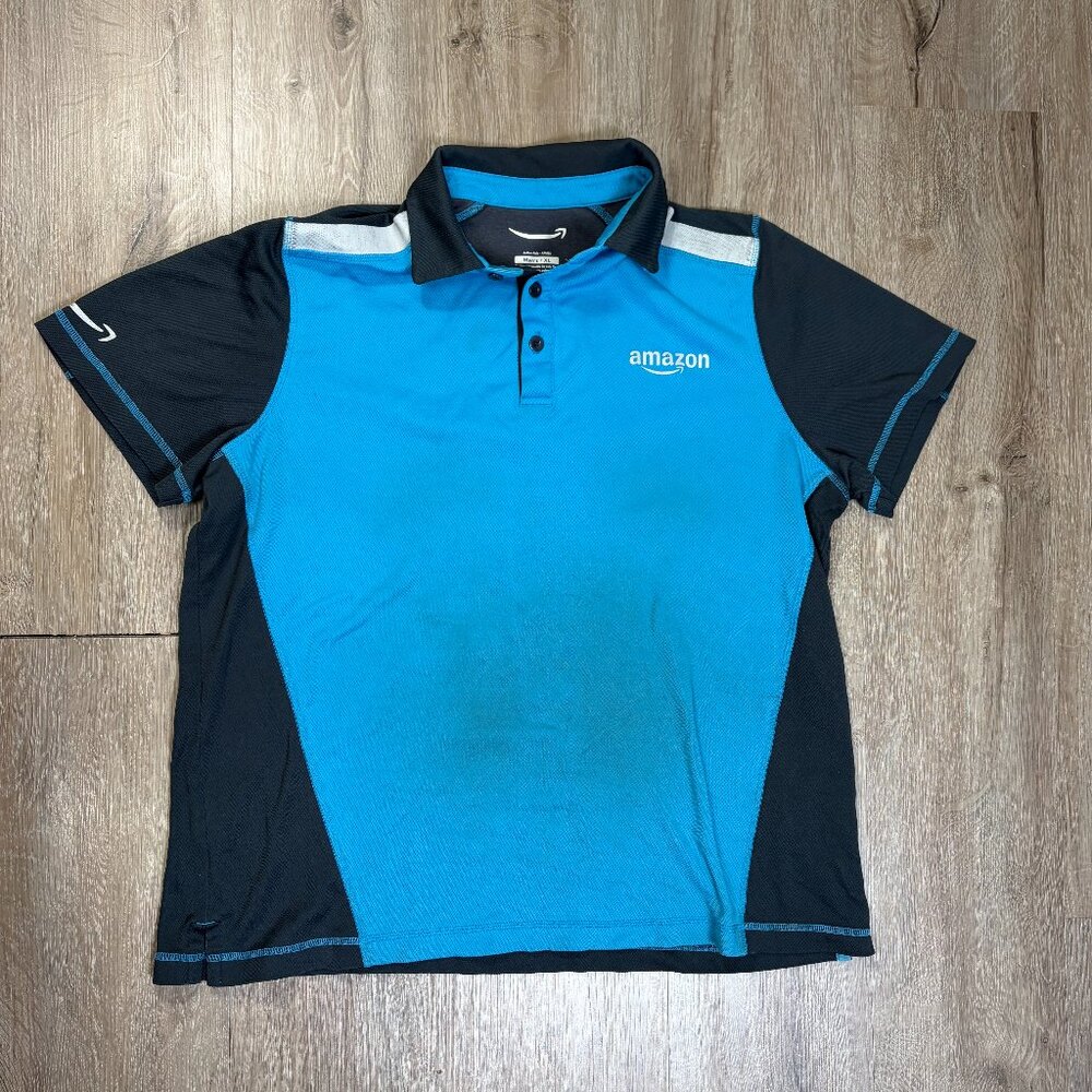 Amazon Polo Shirt Mens XL Blue Reflective Uniform Short Sleeve Lily Yang